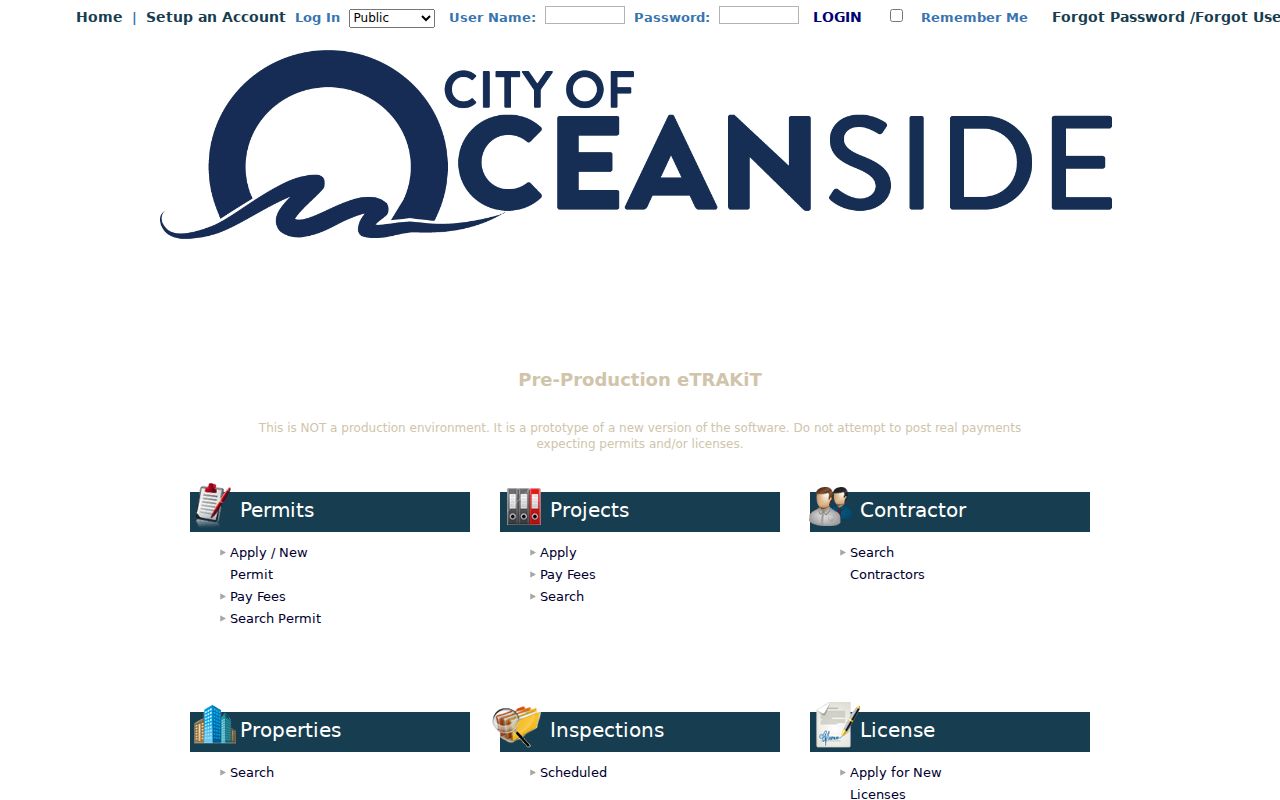 Oceanside street directory view of the city eTRAKiT permit and property search