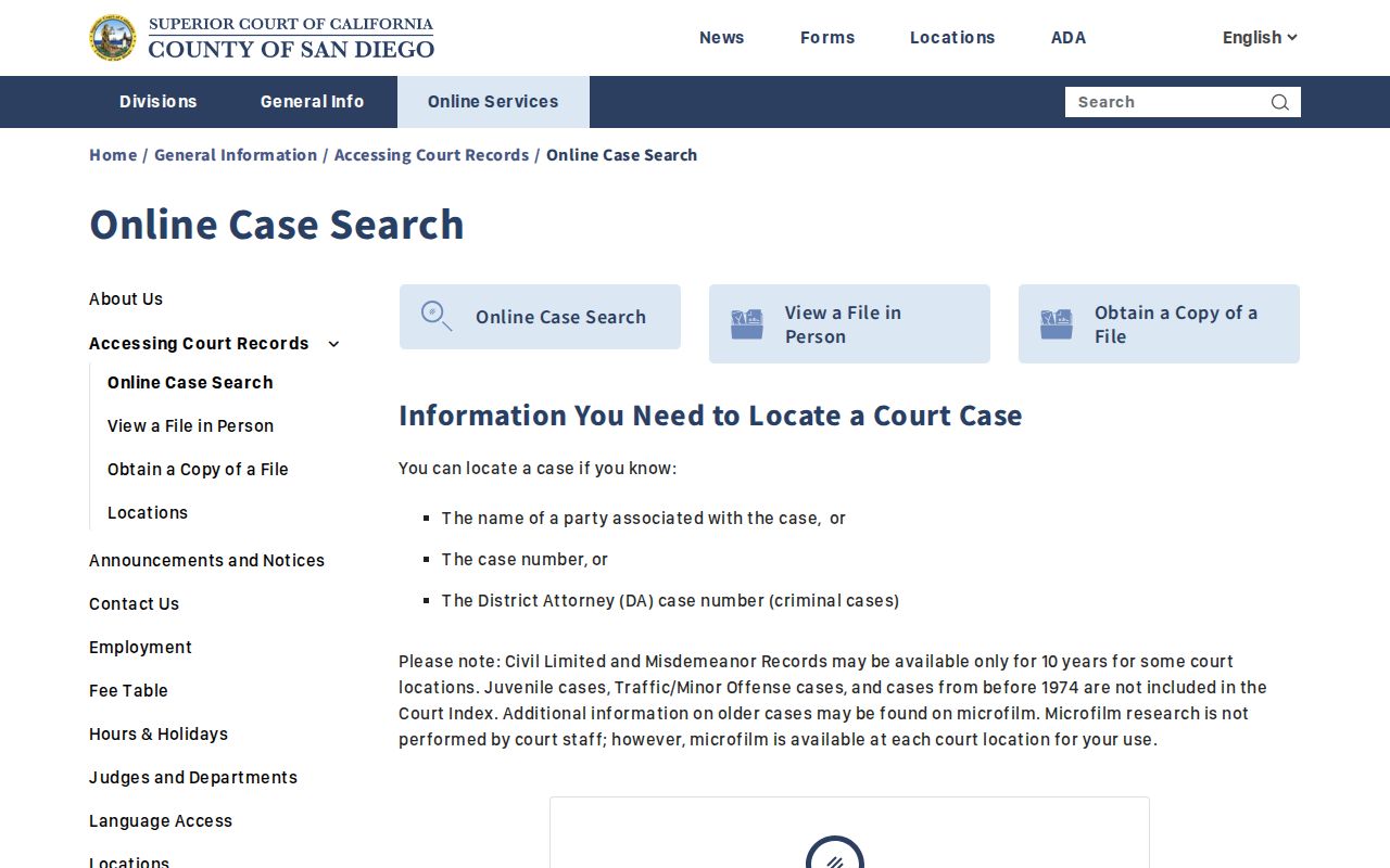 Oceanside resident lookup view of San Diego Superior Court index search modes