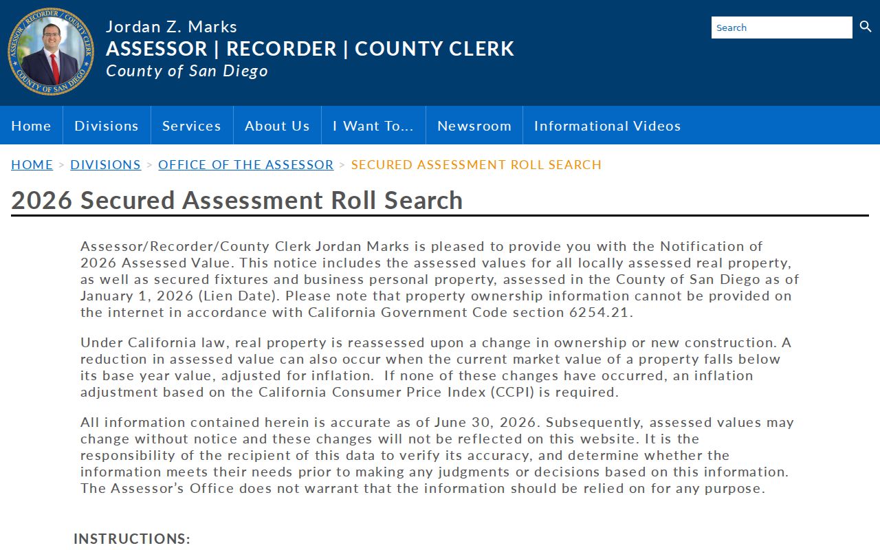 Oceanside street directory view of the San Diego County secured assessment roll search