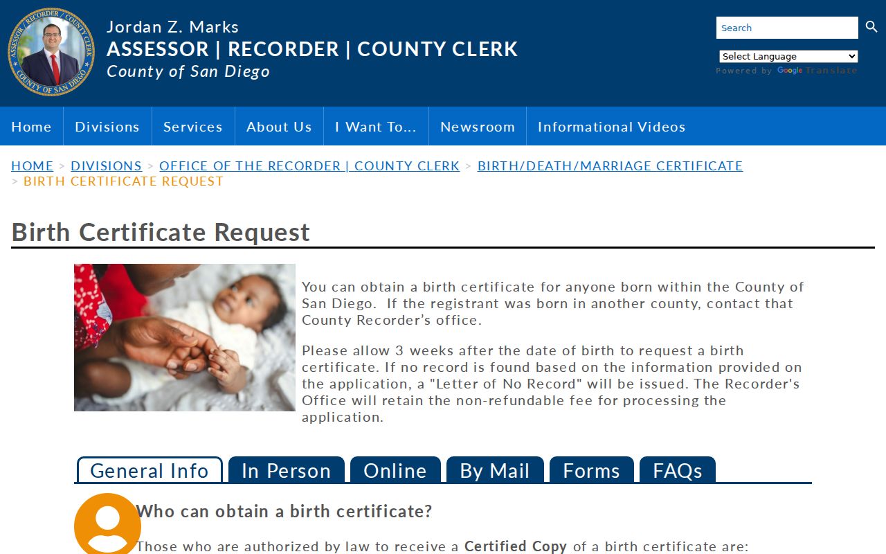 Oceanside resident lookup view of San Diego County birth certificate guidance