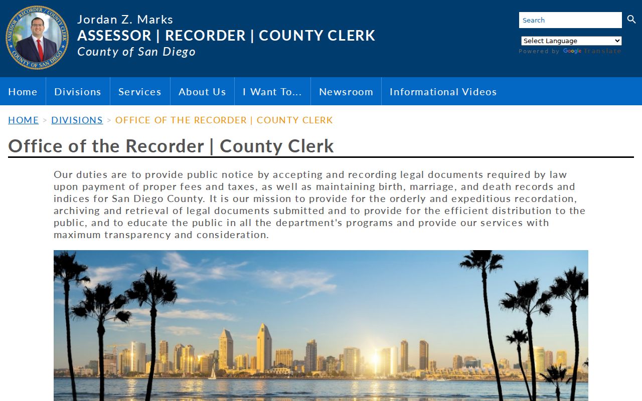Oceanside previous residents research at the San Diego County Recorder-Clerk division